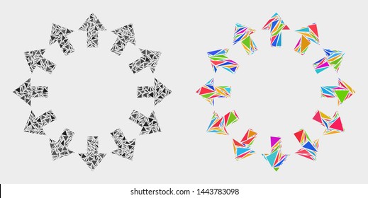 Explode arrows mosaic icon of triangle items which have variable sizes and shapes and colors. Geometric abstract vector design concept of explode arrows.