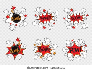 Explode cartoon illustration set. Bomb with fire cord wick. Explosion on white transparent background. Comic book exploding sign symbol collection
