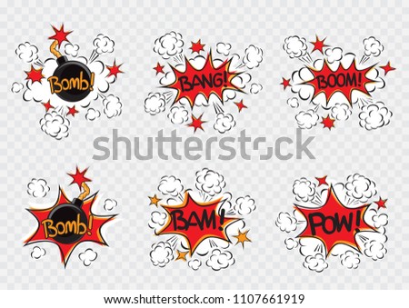 Explode cartoon illustration set. Bomb with fire cord wick. Explosion on white transparent background. Comic book exploding sign symbol collection