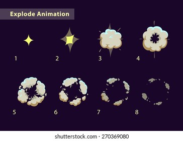Explode Effect Animation With Smoke. Cartoon Explosion Frames
