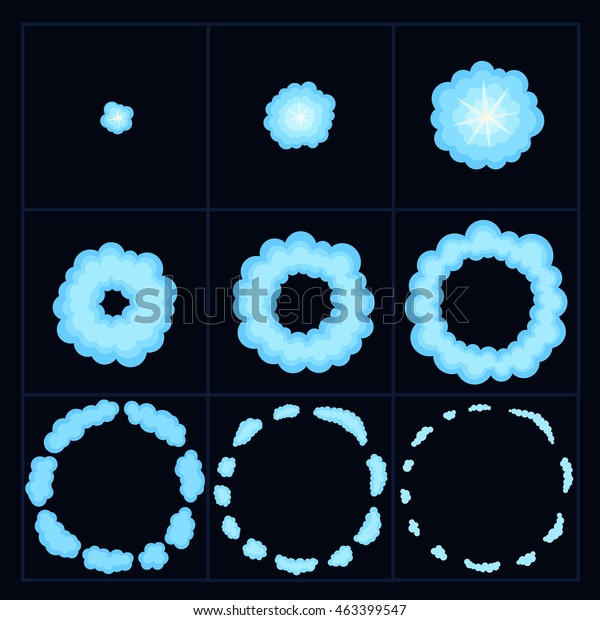 煙を含むエフェクトのアニメーションを分解します ゲーム用の漫画のバンの爆発フレーム 漫画の吹き出し爆発 用のスプライトシート モバイル フラッシュゲームエフェクトのアニメーション 暗い背景に9フレーム のベクター画像素材 ロイヤリティフリー