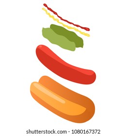 Explode hotdog ingredients isometric view, fastfood concept, vector eps10 illustration