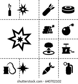 Explode icon. set of 13 filled explodeicons such as bomb, rocket bomb, dynamite, explosion, smoke bomb, smoking can