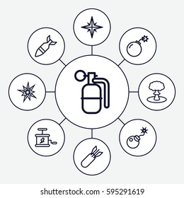 explode icons set. Set of 9 explode outline icons such as bomb, rocket bomb, dynamite, explosion