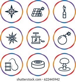 Explode icons set. set of 9 explode outline icons such as bomb, dynamite, explosion, smoke bomb, smoking can
