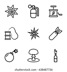 Explode icons set. set of 9 explode outline icons such as bomb, rocket bomb, dynamite, explosion, smoking can