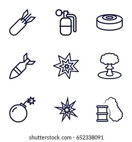 Explode icons set. set of 9 explode outline icons such as bomb, rocket bomb, dynamite, explosion, smoke bomb, smoking can