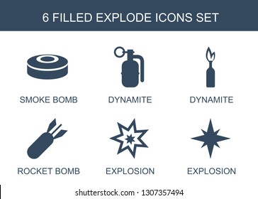 explode icons. Trendy 6 explode icons. Contain icons such as smoke bomb, dynamite, rocket bomb, explosion. explode icon for web and mobile.