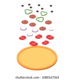 Explode pizza ingredients isometric view, fastfood concept, vector eps10 illustration