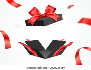 Exploded black gift box with red ribbon, isolated on white background. Present giftbox with empty space, vector illustration.