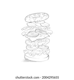 Ilustración de una hamburguesa, una hamburguesa voladora.estilo dibujado a mano