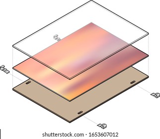 Exploded diagram showing the components of a picture frame.