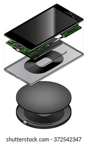An exploded diagram showing the internal components of a smart phone with a wireless charging induction loop and a wireless charging unit / base station.