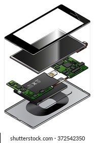 An exploded diagram showing the internal components of a smart phone with a wireless charging induction loop.