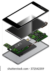 An exploded diagram showing the internal components of a smart phone.