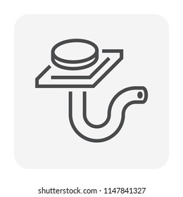 Exploded floor drain separates round raised cap on tilted square plate from U-shaped pipe below. Black outlines show shallow upper thickness and broad pale cover face, while lower trap curves upward into open right-hand mouth. light background excludes water and tiled floor. Vector icon illustrates drainage cover and outlet as distinct assembly components. Useful for sanitary hardware catalogs, bathroom construction instructions and plumbing fitting diagrams. Separation gap emphasizes removable top and connecting discharge route. Circular cap contrasts with rectangular mounting plate, and pipe ring detail indicates hollow outlet. Clean mixed perspective keeps cover geometry and bend orientation recognizable for contractor references about underfloor installation. Editable stroke. 64x64 px.