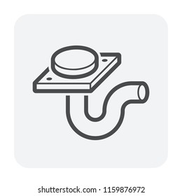 Exploded floor outlet separates circular raised cap on square plate from curved pipe below. Black oblique outlines show shallow plate thickness and two small corner fixing holes. Round cap sits centrally without slotted grille, while lower U-bend ends in open oval mouth at right. Vector icon is isolated on pale background without tiled surface or water. Graphic represents drainage cover and trap components awaiting assembly. Useful for sanitary product catalogs, plumbing installation guides and underfloor hardware diagrams. Detached parts make removable upper cover distinct from discharge body. Mixed perspective and side profile clarify orientation and connection sequence. Thin lines keep cap height, mounting face and hollow pipe route readable in construction detail illustrations.