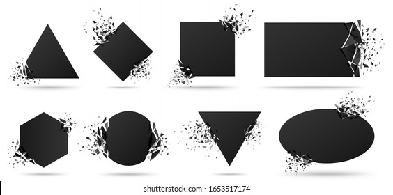 Exploded frame with spray particles. Explosion destruction, shattered geometric shapes and destruction energy vector banners set. Black objects with broken borders isolated abstract design elements