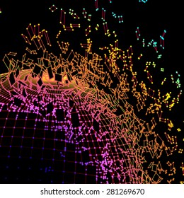 Exploded grid made of connected molecule dots with colorful wires