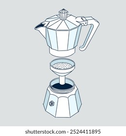 Exploded moka pot drawing. Parts of an italian coffee maker. Exploded view of a moka pot on white background.