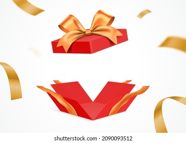 Exploded red gift box with golden ribbon, isolated on white background. Surprise giftbox with empty space, vector illustration.