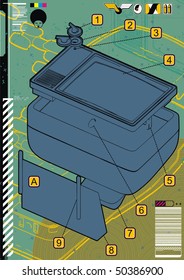 Exploded Technical Diagram Abstract Of A Retro Television.