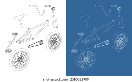  Exploded Technical Drawing of a BMX Bicycle in Black and White with Blueprint Style isolated  background