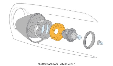 Exploded view of automotive spotlight headlight assembly featuring central bulb, orange ring component, and metallic housing.