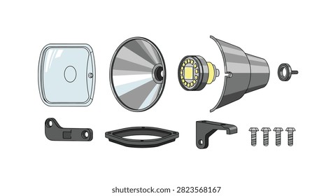 Exploded view of a car headlight assembly showing the lens, reflector, LED module, housing, and mounting hardware components for automotive repair and design.