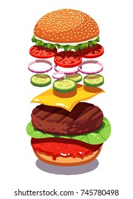 Exploded view classic American cheese burger with grilled meat cutlet, cheddar, tomatoes, pickles, onion rings, salad, ketchup sauce. Homemade hamburger. Flat vector illustration isolated on white.