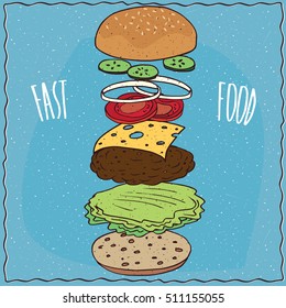 Exploded view of classic cheeseburger with cucumber, onion, tomato, cheese, steak and lettuce. Blue background and lettering Fast food. Handmade cartoon style. Vector illustration