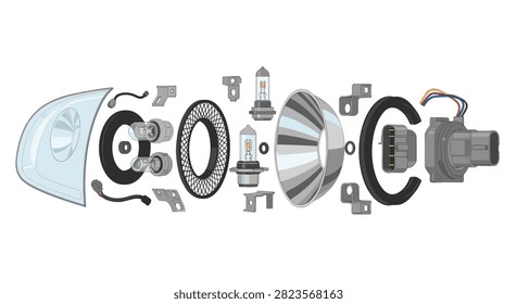 Exploded view of a complex car headlight assembly featuring bulbs, wiring, reflectors, and mounting brackets for automotive lighting systems and repair.
