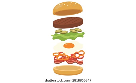 Exploded view of a delicious hamburger showing floating separate layers of beef patty, pickles, egg, bacon, and buns.
