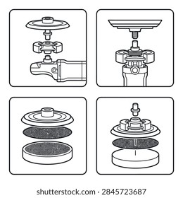 Exploded view diagrams showing the step-by-step assembly process for a polishing machine pad attachment.