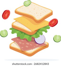 Uma ilustração de vista explodida de um sanduíche com fatias de pão, queijo, alface, presunto, cebola, tomate e pepino flutuando no ar.
