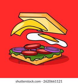 Exploded View of Sandwich with Flying Ingredients in Cartoon Style. Red Background. Food Education Element