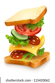 exploded view of sandwich ingredients with cheese, tomatoes, lettuce and sausage. Vector illustration isolated on white background EPS10.