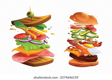 Exploded view of sandwiches and burgers illustration of vector design