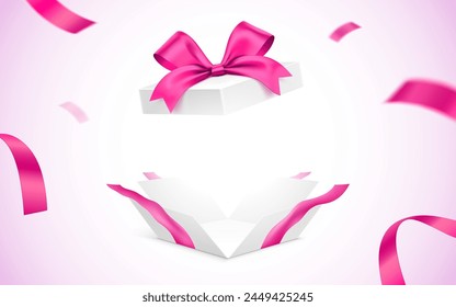 Exploded white gift box with pink ribbons. Surprise giftbox with empty space, vector illustration.