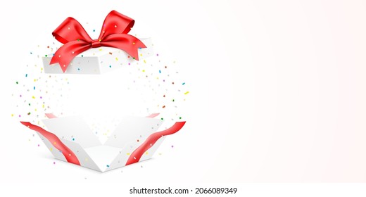 Exploded white gift box with red ribbon and colorful confetti, isolated on background with copy space. Unfolded surprise giftbox vector illustration.