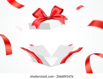 Exploded white gift box with red ribbon, isolated on background. Surprise giftbox with empty space, vector illustration.