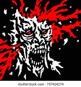 Exploded zombie head with splashes of blood and skull splinters. Vector illustration. Genre of horror. Scary character for Halloween.