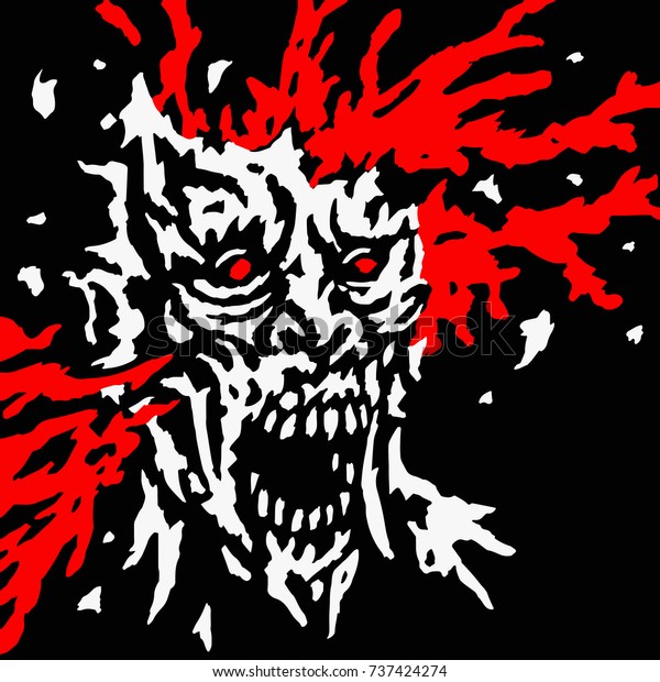 Exploded zombie head with splashes of blood\
and skull splinters. Vector illustration. Genre of horror. Scary\
character for\
Halloween.