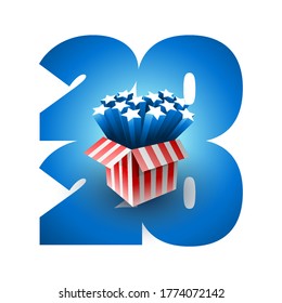 Estrellas norteamericanas explotando. Votar 2020 en EEUU. Diseño vectorial tipográfico. Debate sobre la votación del presidente en Estados Unidos. Diseño del voto electoral. Campaña electoral política.