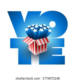 Exploding American stars. Vote 2020 in USA. Typographic vector design. USA debate of president voting. Election voting design. Political election campaign.