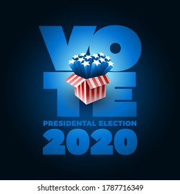 Estrellas norteamericanas explotando. Votar 2020 en EEUU. Diseño vectorial tipográfico. Debate sobre la votación del presidente en Estados Unidos. Diseño del voto electoral. Campaña electoral política.