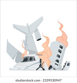 exploding and burning white aircraft. Airplane accident. The plane caught fire. Illustration of a plane crash. Air Crash. Burning falling plane. The plane crashed to the ground. 2228