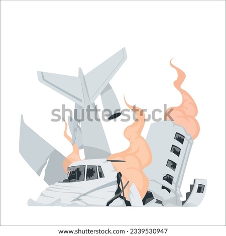 exploding and burning white aircraft. Airplane accident. The plane caught fire. Illustration of a plane crash. Air Crash. Burning falling plane. The plane crashed to the ground. 2228