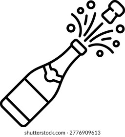 Exploding champagne bottle releasing cork with bubbly spray and circles symbolizing celebration isolated on transparent background