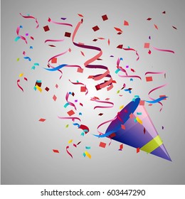 Exploding Colorful Confetti Popper on glowing silver background.Vector festive illustration. Holiday decorative tinsel element for design. Falling shiny confetti glitters texture.
